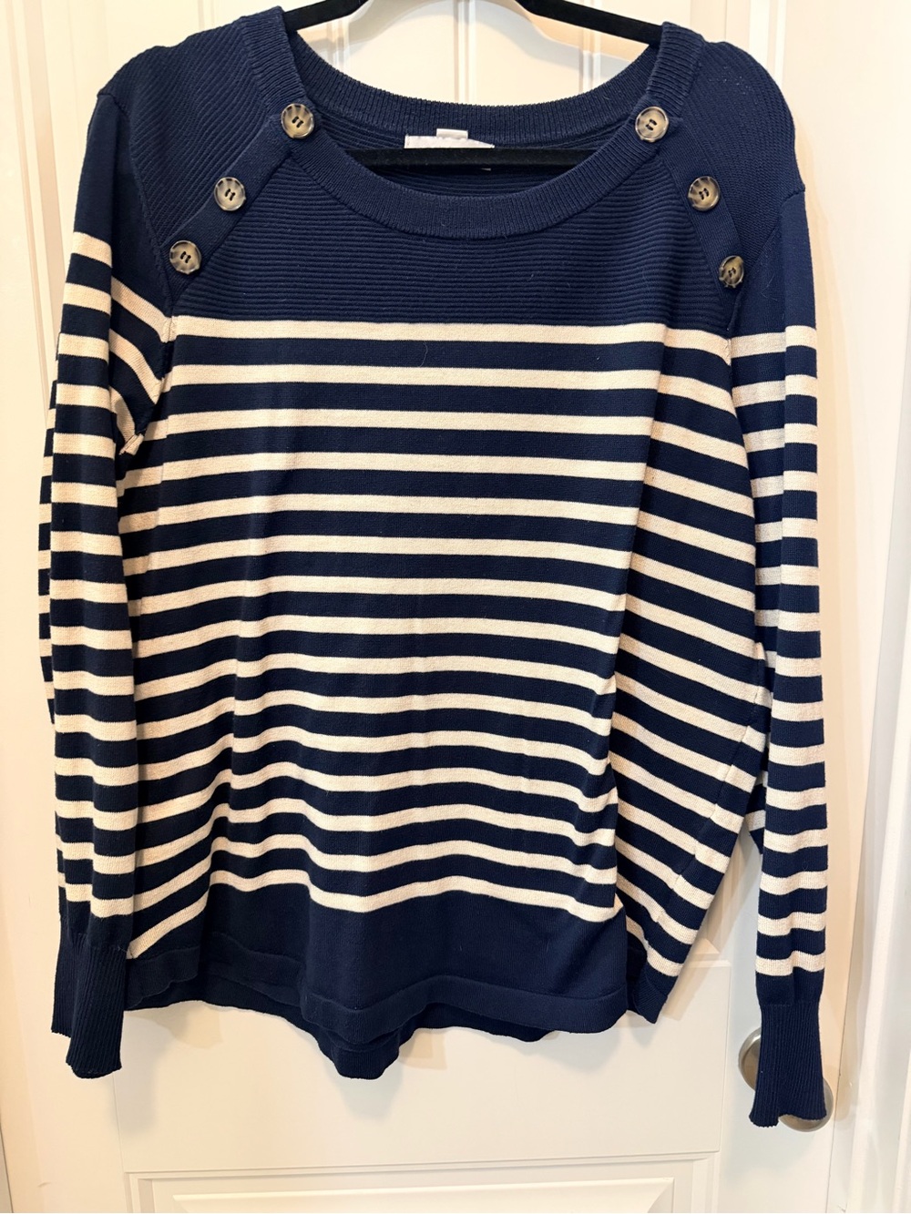 Liz Claiborne Navy and Cream Striped Button-Shoulder Sweater